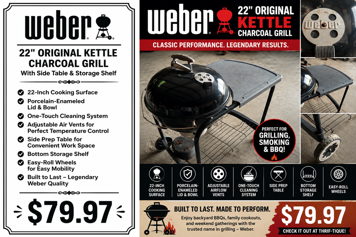 Weber 22” Original Kettle Charcoal Grill with Side Table