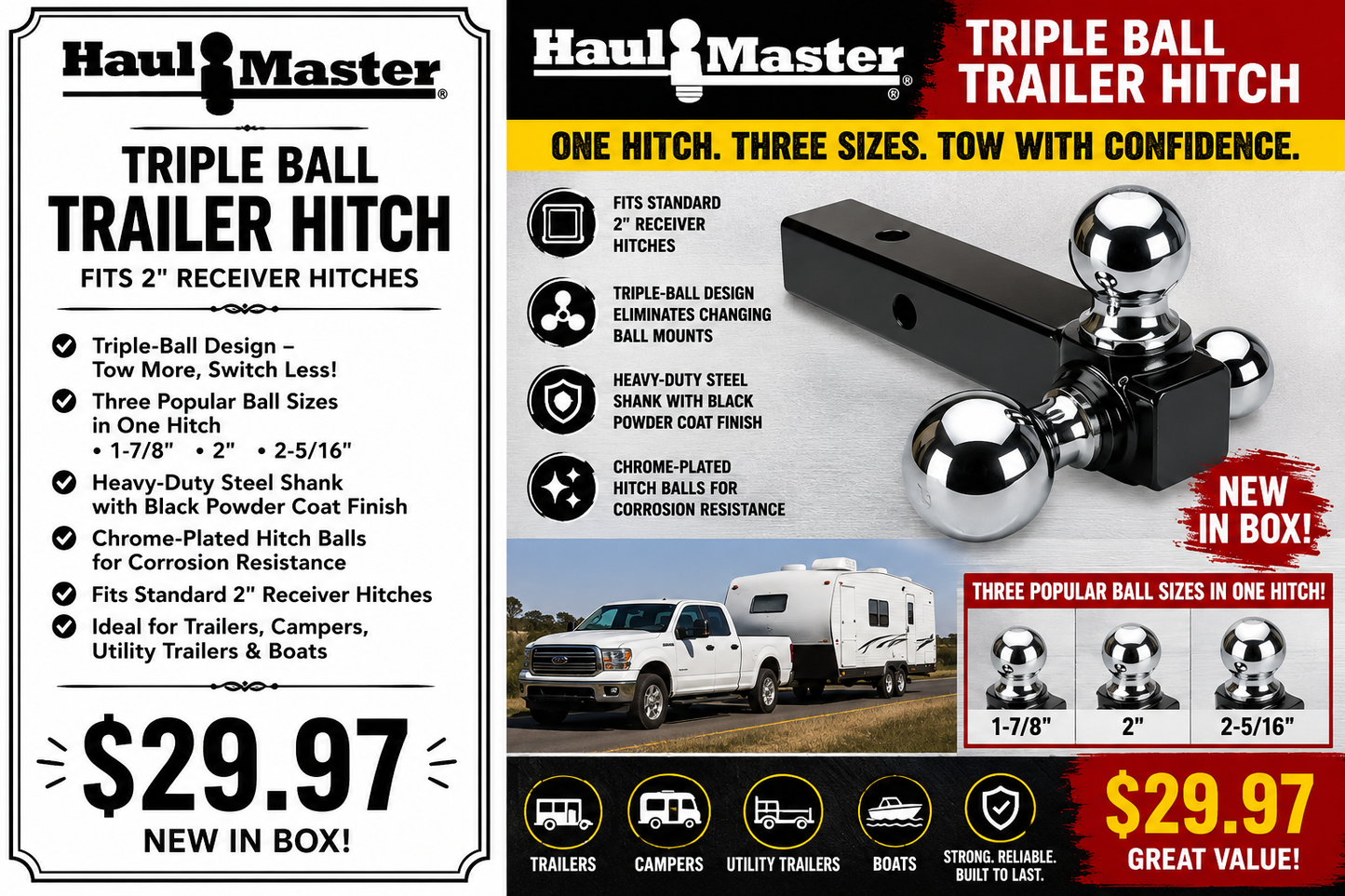 Haul-Master Triple Ball Trailer Hitch โ NEW IN BOX!