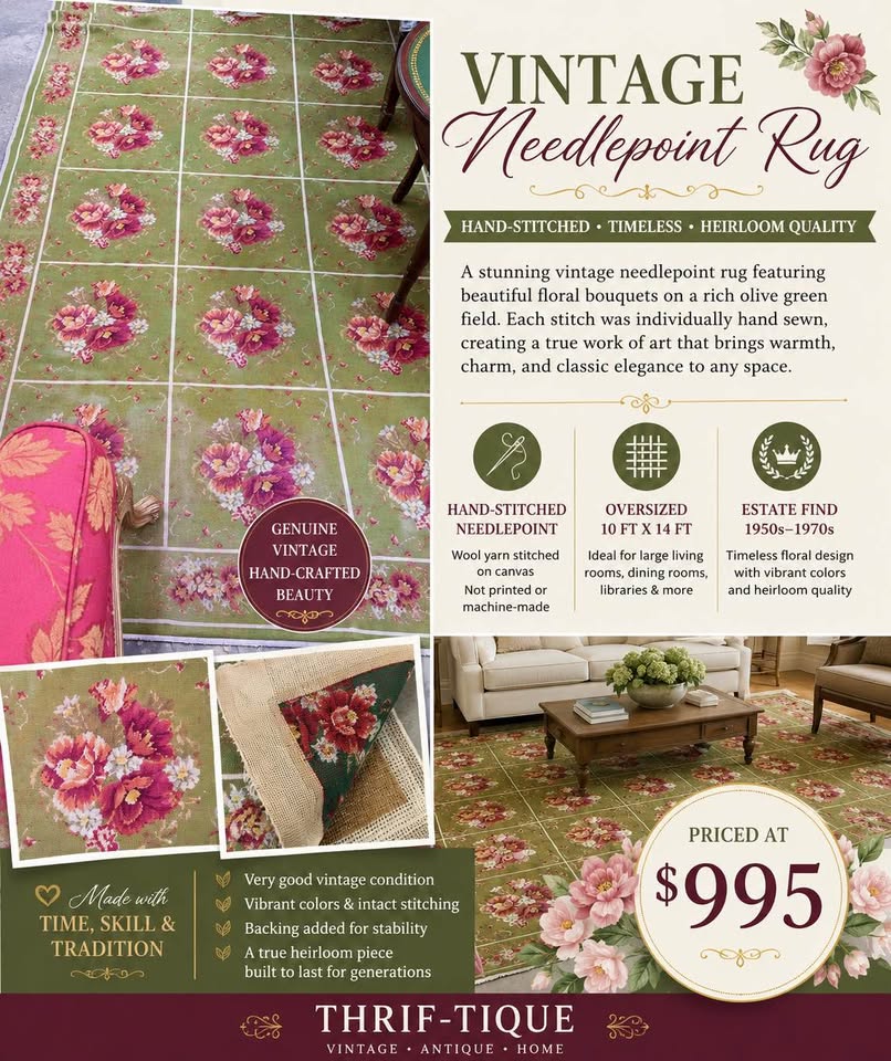 Vintage Hand-Stitched Needlepoint Area Rug 10’ x 14’ – Estate Quality