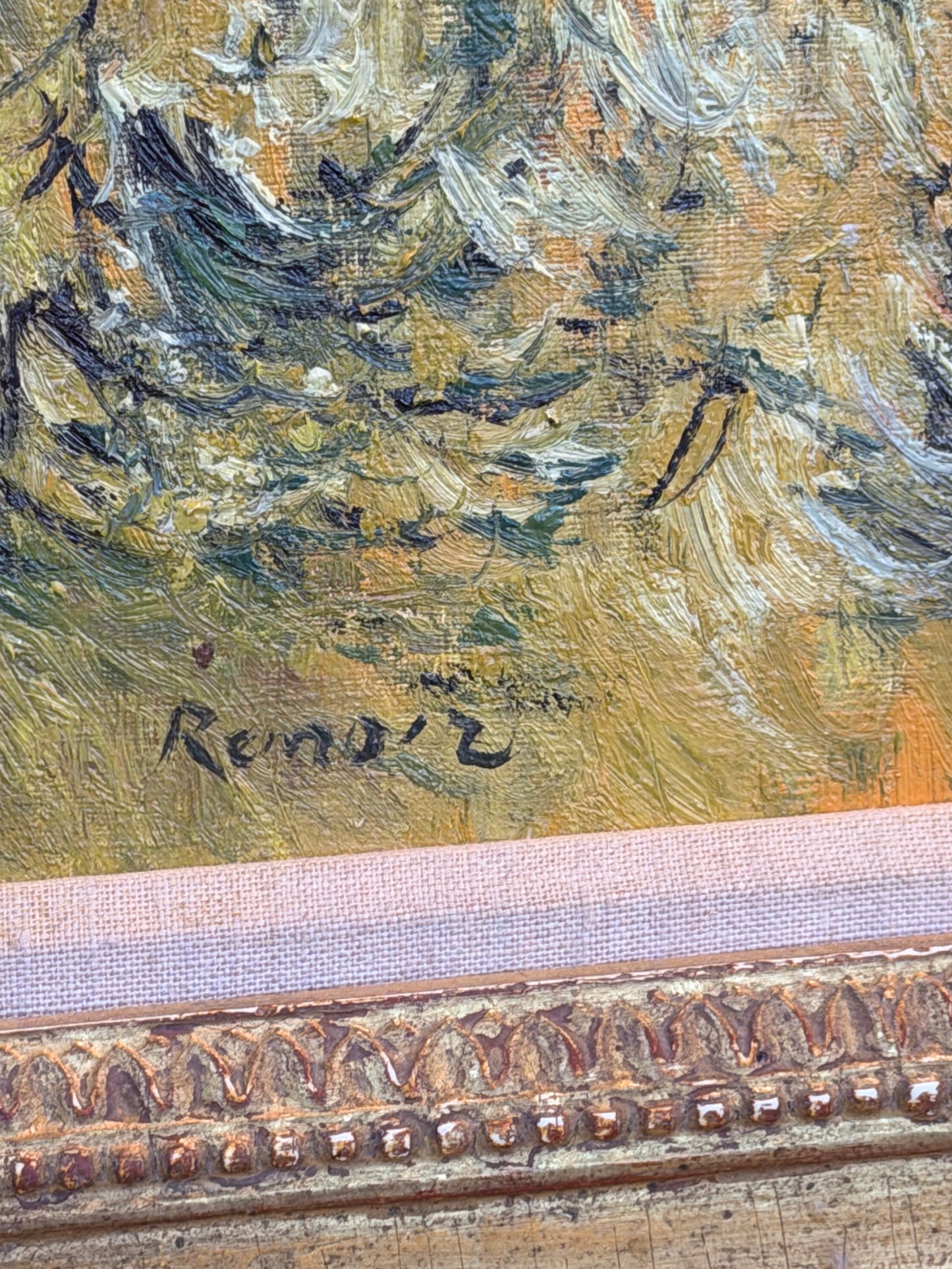 Large Hand-Painted Renoir Reproduction in Ornate Gilt Frame with Picture Light