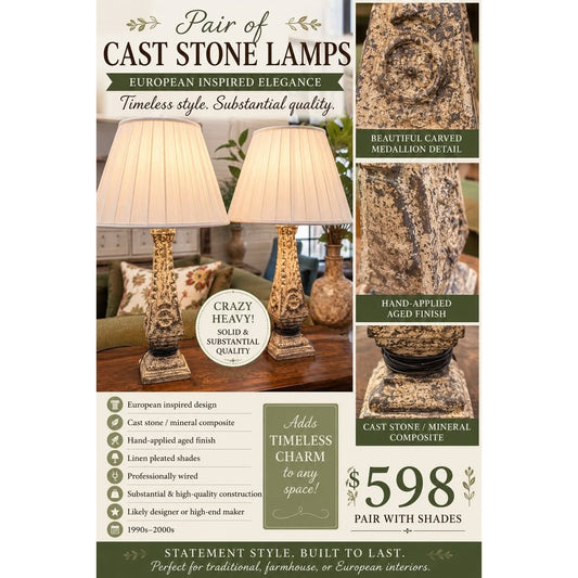 Pair of Designer Cast Stone Table Lamps with Linen Shades – European Inspired – Heavy Quality