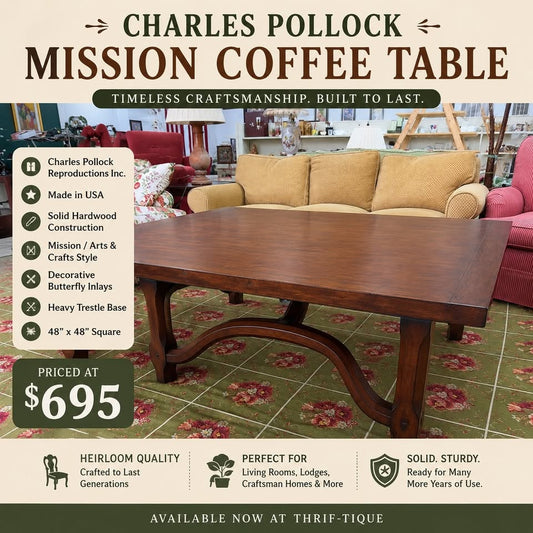 Charles Pollock Mission Coffee Table - Solid Hardwood - 48” x 48” - Made in USA