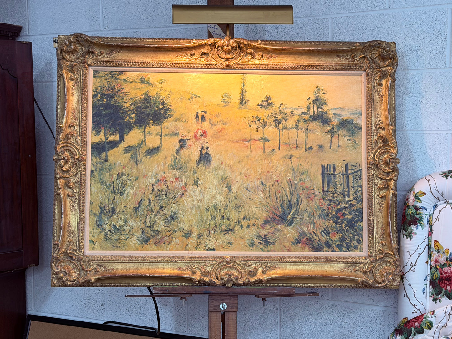 Large Hand-Painted Renoir Reproduction in Ornate Gilt Frame with Picture Light