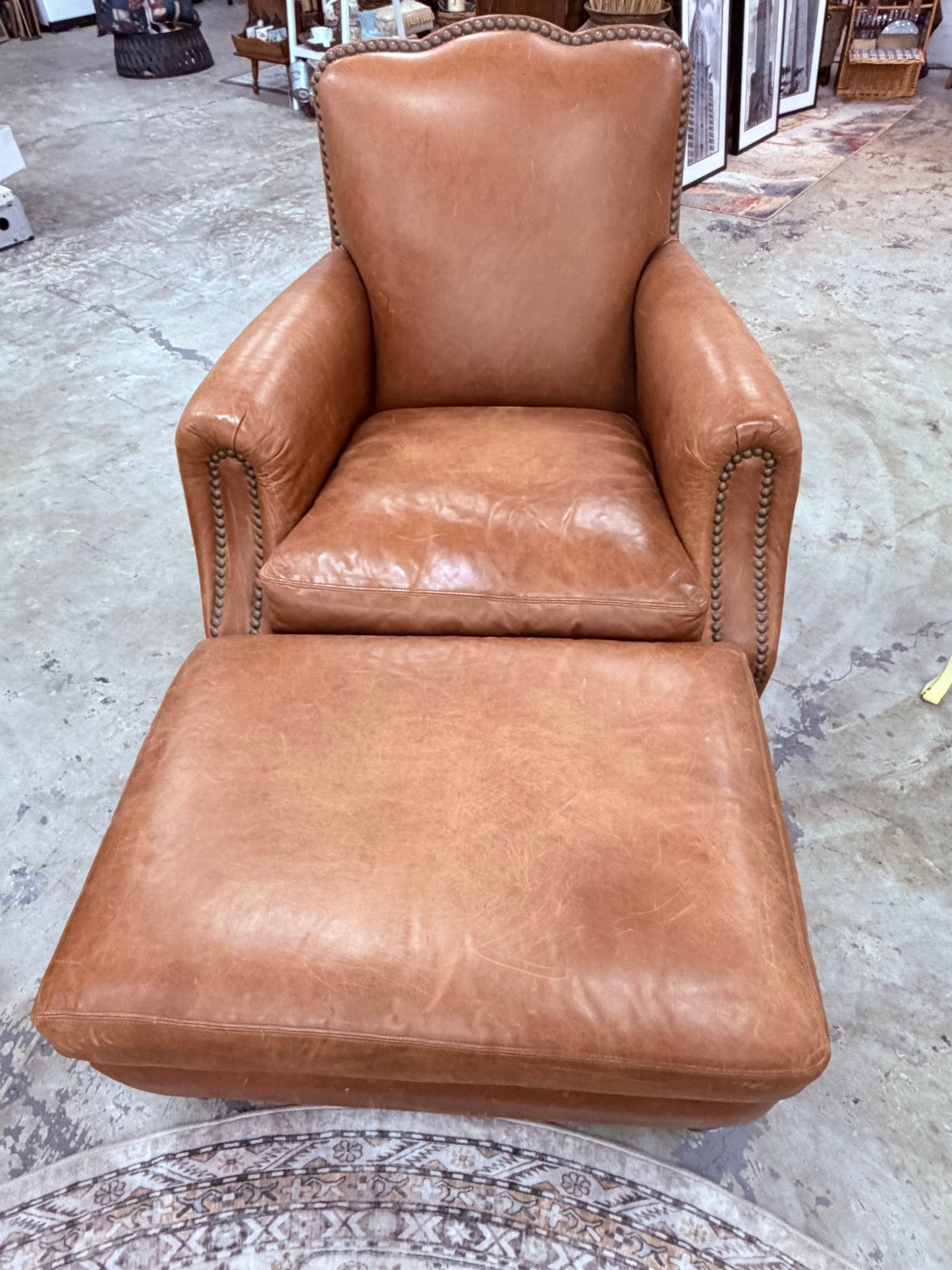 Hickory-Fry Leather Chair & Oversized Ottoman – Cognac Brown – Nailhead Trim
