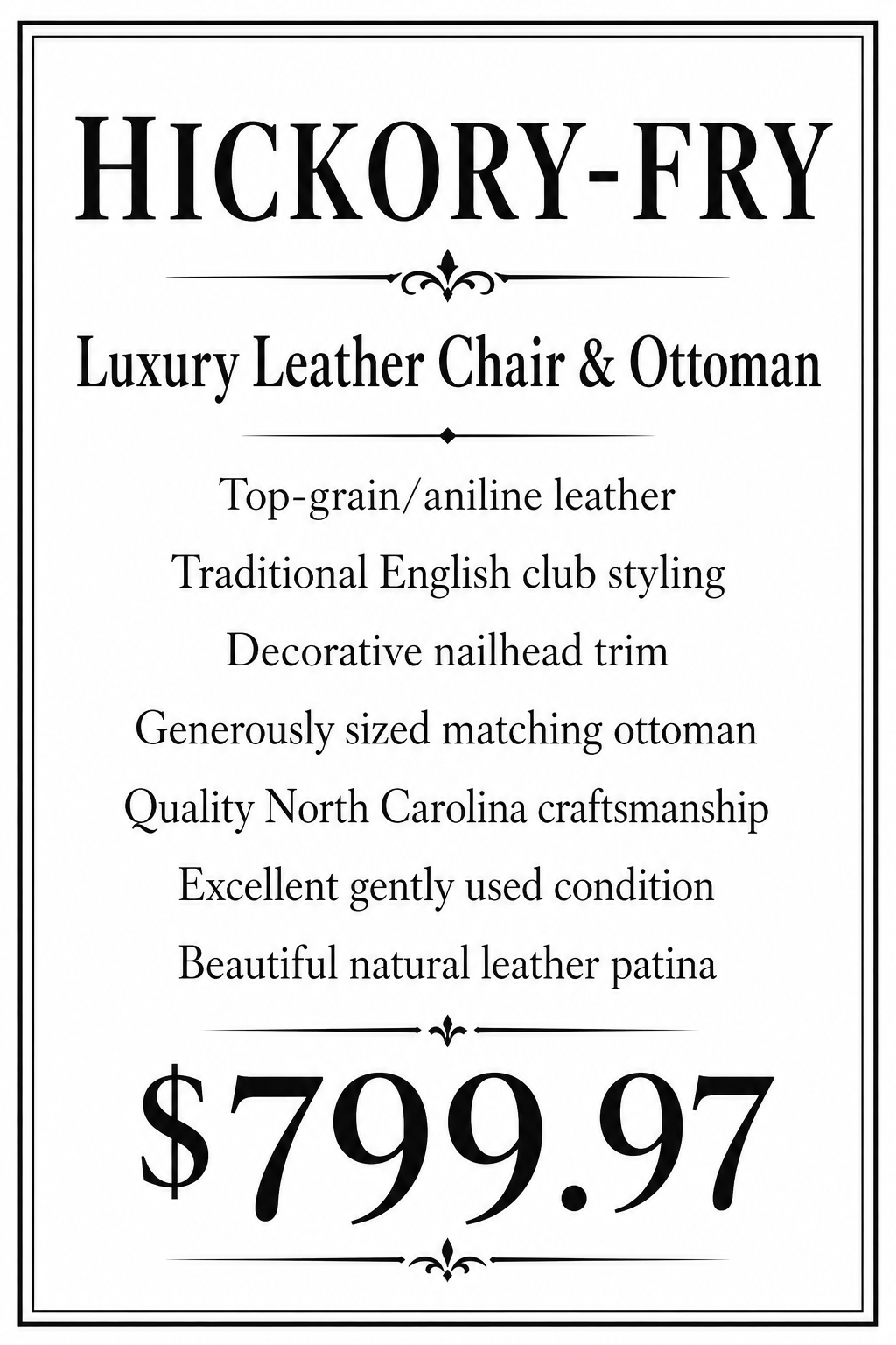 Hickory-Fry Leather Chair & Oversized Ottoman – Cognac Brown – Nailhead Trim