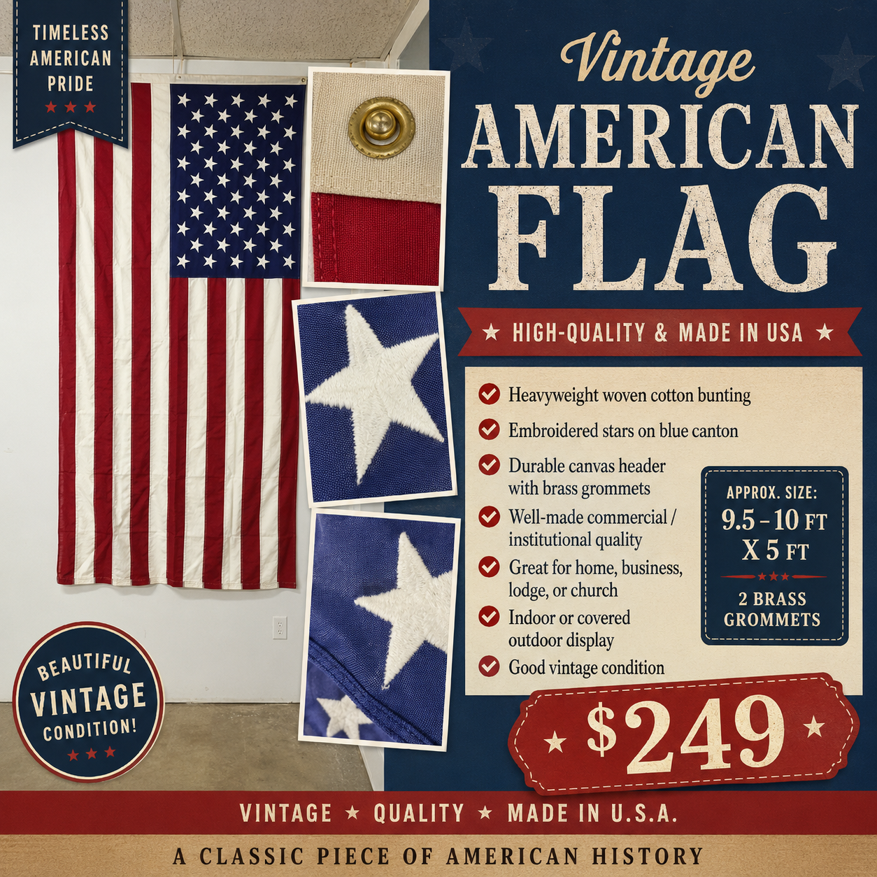 Vintage Embroidered American Flag - Large Commercial Grade